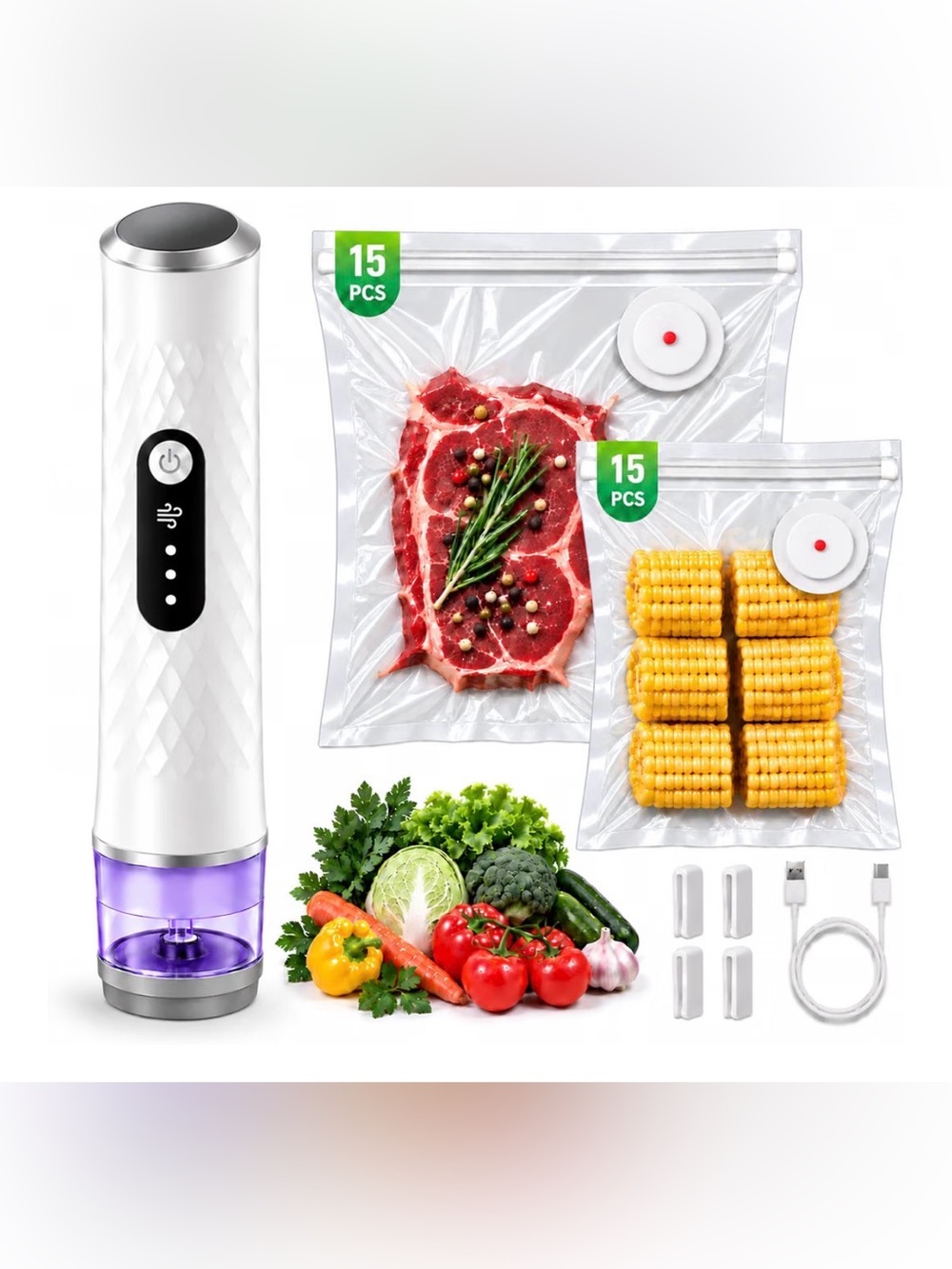 Vacuum Sealer Pump with Reusable Storage Bags - White